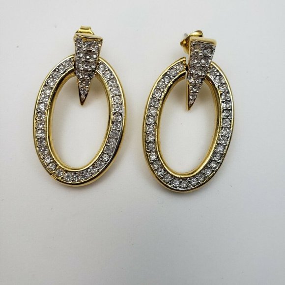 White Rhinestone Gold Tone Oval Drop Pierced Earri - Picture 2 of 4